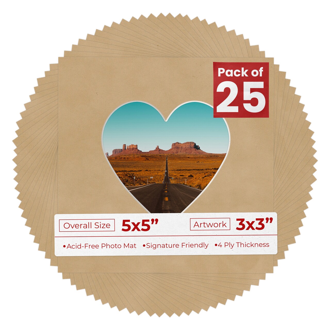 Beige Suede Mat Board for 5x5 Inch Frames - Heart Opening for 3x3 Photos